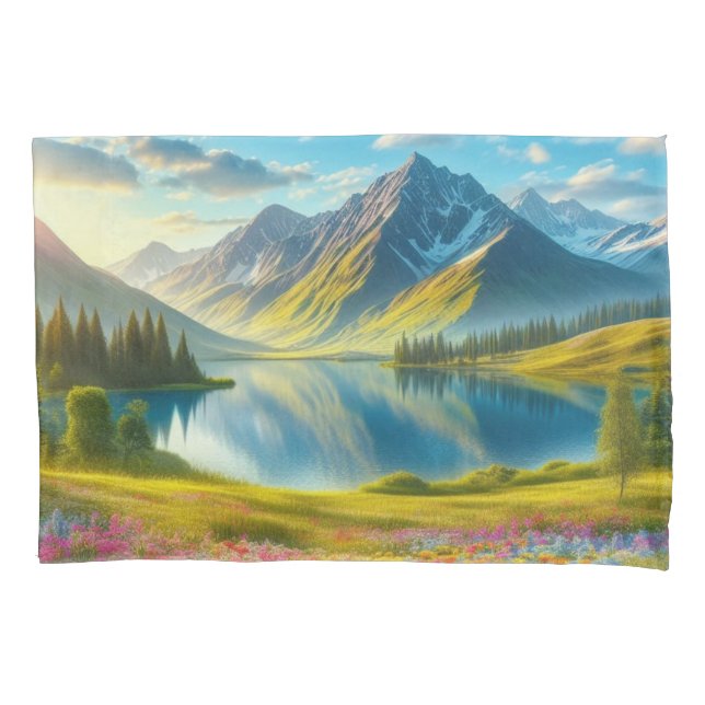 Colourful spring/floral mountain lake pillowcase (Front)