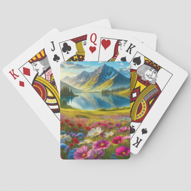 Colourful spring/floral mountain lake playing cards (Back)
