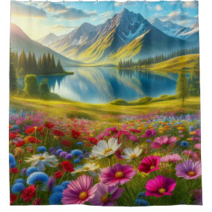 Colourful spring/floral mountain lake shower curtain