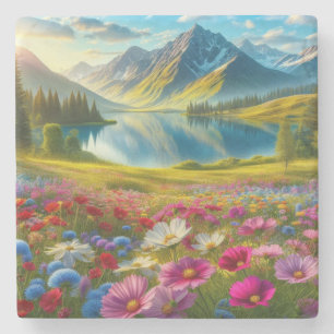 Colourful spring/floral mountain lake stone coaster