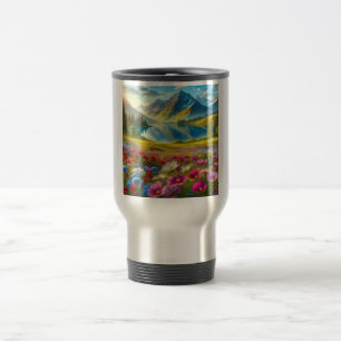 Colourful spring/floral mountain lake travel mug
