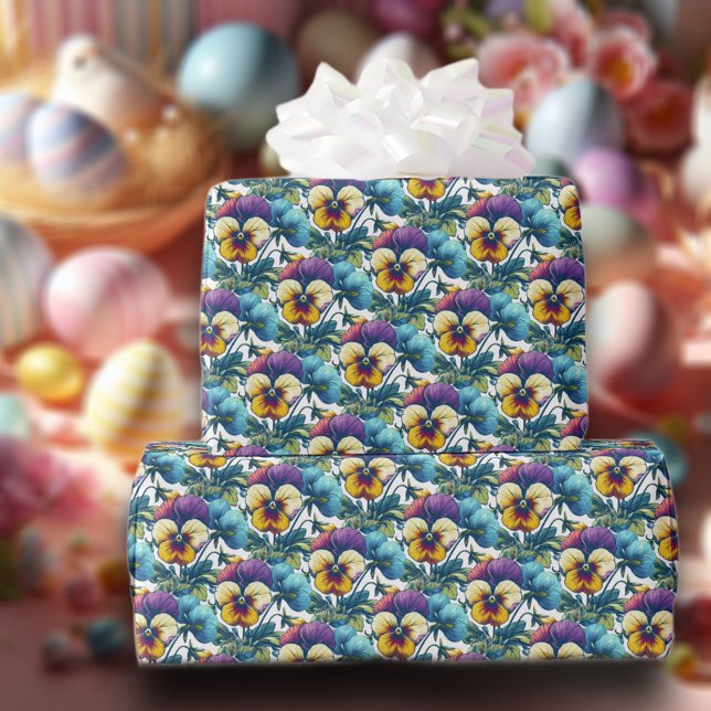 Colourful Spring Floral Pansy Patch Pattern Easter Wrapping Paper (Creator Uploaded)