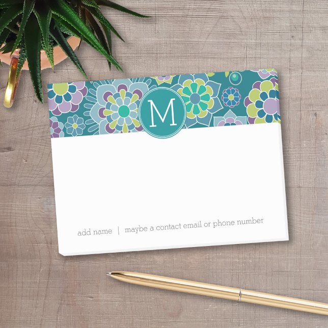 Colourful Spring Floral Pattern Custom Monogram Post-it Notes (Personalized post-it notes with a monogram and contact information - low quantity available)