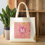 Colourful Spring Floral Pattern Custom Monogram Tote Bag<br><div class="desc">Hot Pink,  Coral and lime green - A fun and graphic flower design in fresh,  cheerful colours. If you need to adjust the monograms,  click on the customise it button and make changes.</div>