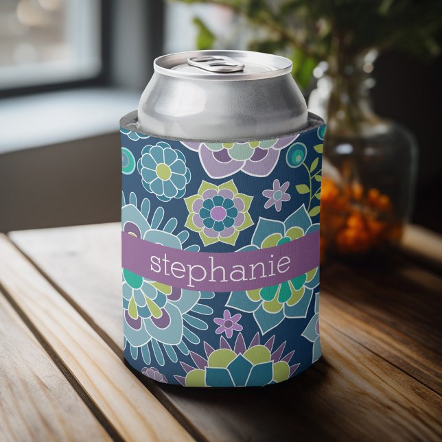 Colourful Spring Floral Pattern Custom Name Can Cooler (Personalized Can Cooler - Add Custom Text or Name)