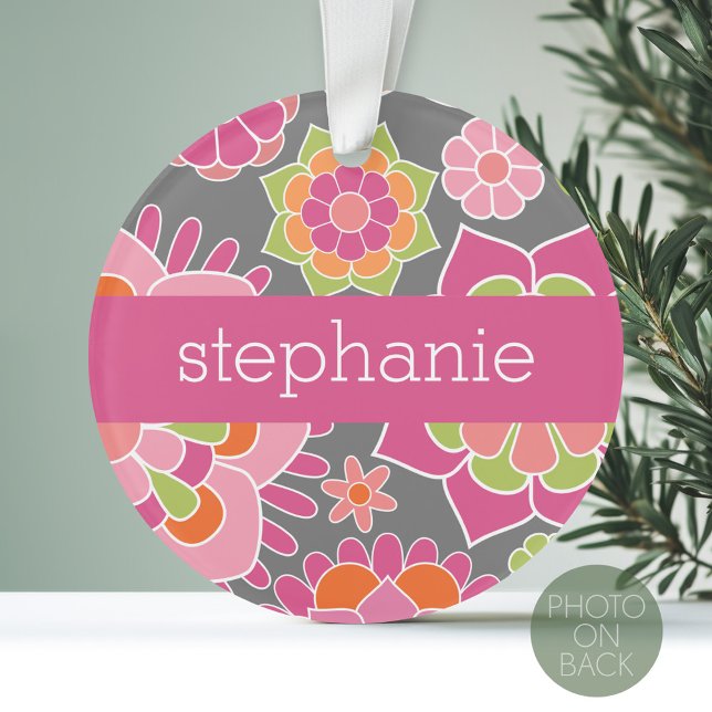 Colourful Spring Floral Pattern Custom Name Ornament (Personalized Photo Ornament)