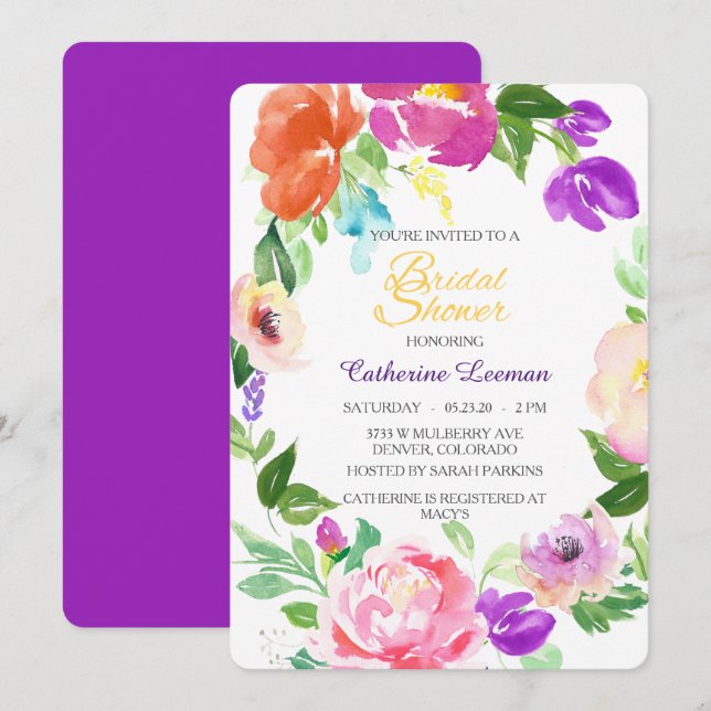 Colourful Spring Floral Wreath Bridal Shower Invit Invitation (Front/Back)