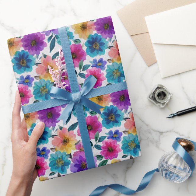 Colourful Spring Flower Blossoms Watercolor Floral Wrapping Paper (Gifting)