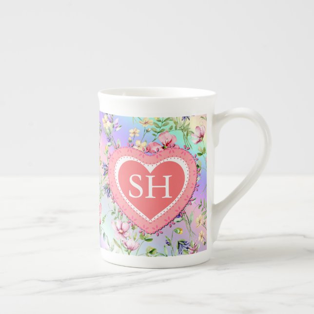 Colourful Spring Flower Watercolor Pattern Monogra Bone China Mug (Right)