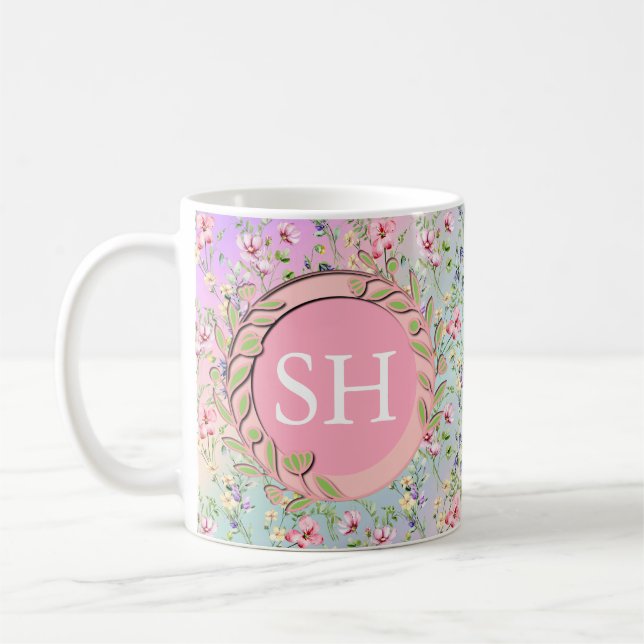 Colourful Spring Flower Watercolor Pattern Monogra Coffee Mug (Left)