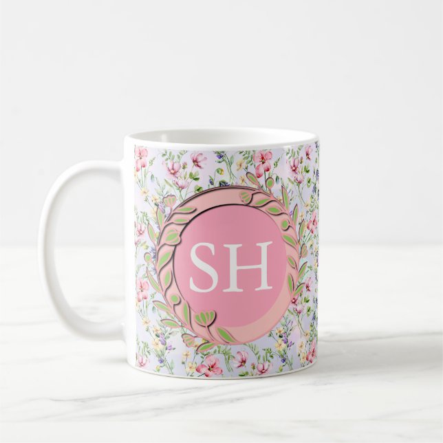 Colourful Spring Flower Watercolor Pattern Monogra Coffee Mug (Left)