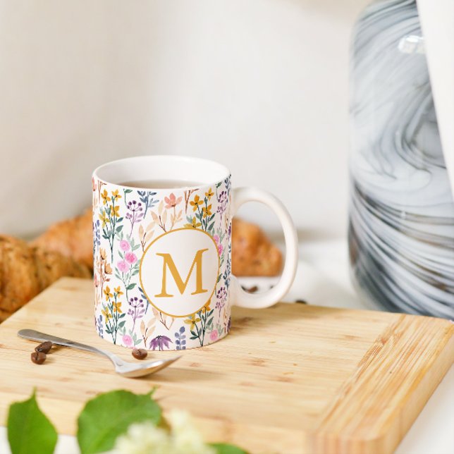 Colourful Spring Flower Watercolor Pattern Monogra Coffee Mug (Creator Uploaded)