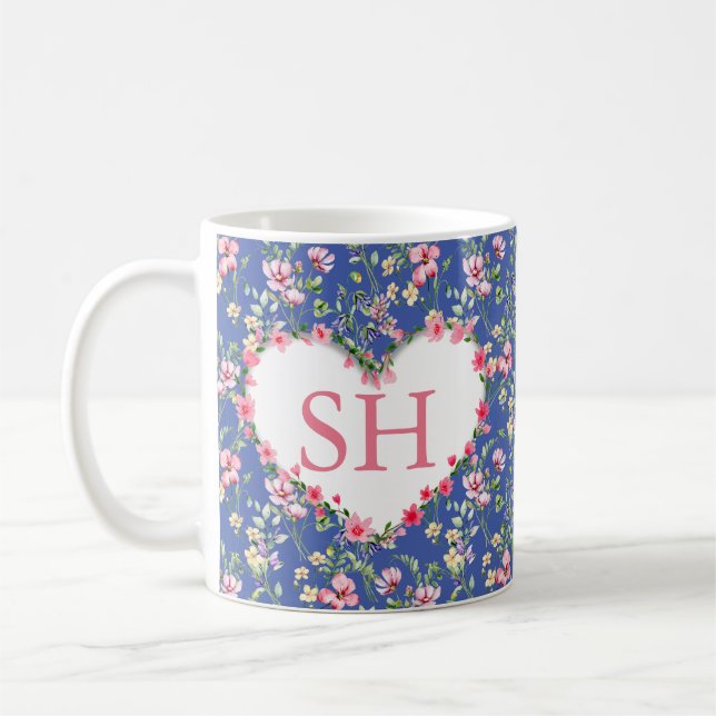 Colourful Spring Flower Watercolor Pattern Monogra Coffee Mug (Left)