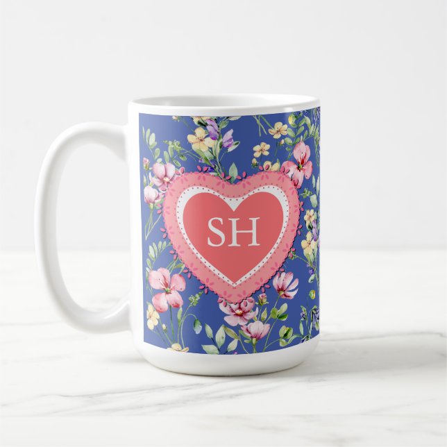 Colourful Spring Flower Watercolor Pattern Monogra Coffee Mug (Left)