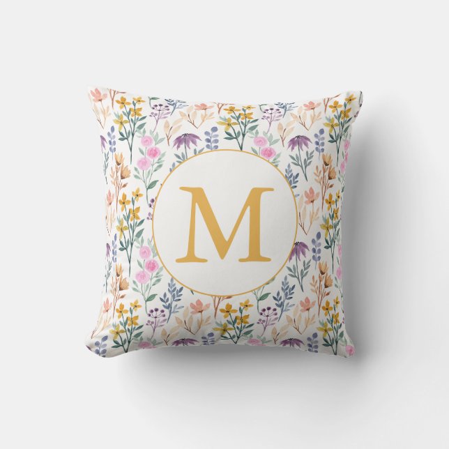 Colourful Spring Flower Watercolor Pattern Monogra Cushion (Front)