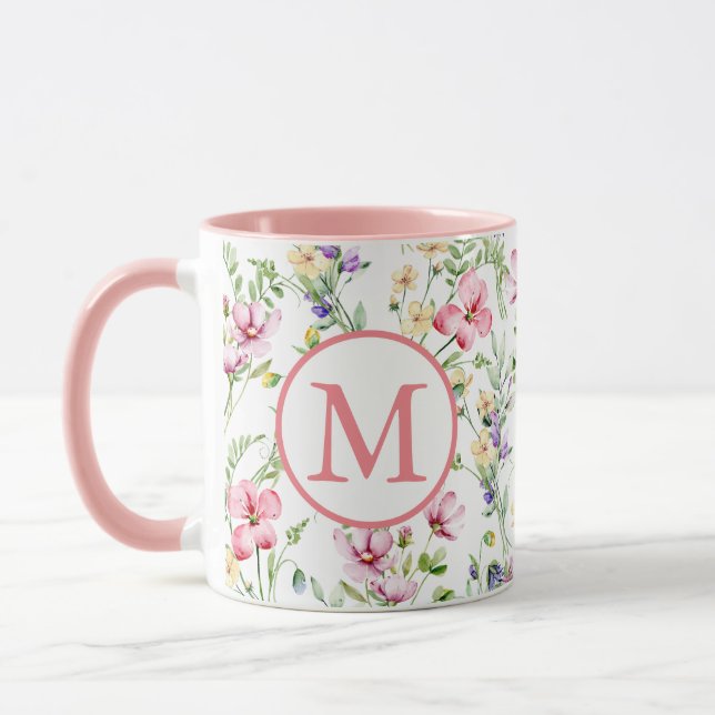 Colourful Spring Flower Watercolor Pattern Monogra Mug (Left)