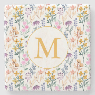 Colourful Spring Flower Watercolor Pattern Monogra Stone Coaster