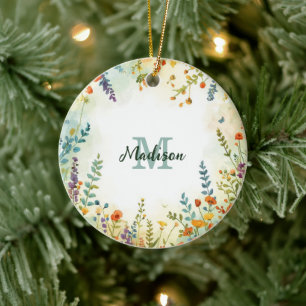 Colourful Spring Flower Wildflower Bouquet Monogra Ceramic Tree Decoration