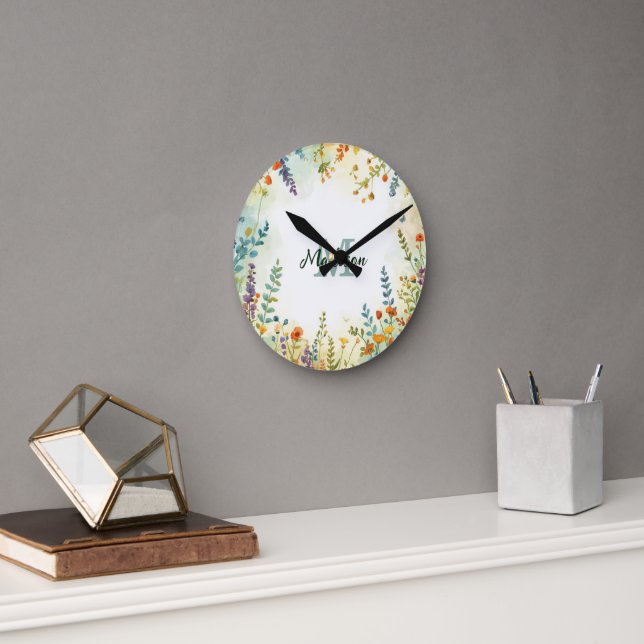 Colourful Spring Flower Wildflower Bouquet Monogra Round Clock (Office)