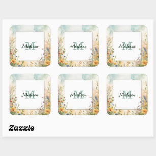 Colourful Spring Flower Wildflower Monogram Frame Square Sticker