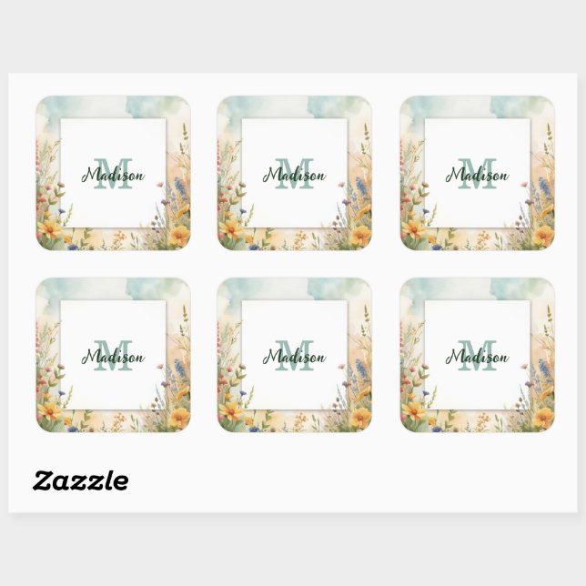 Colourful Spring Flower Wildflower Monogram Frame Square Sticker (Sheet)