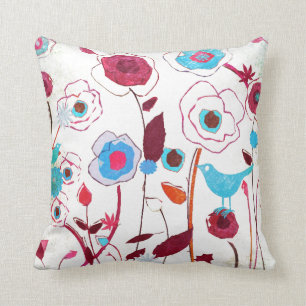 Colourful Spring Flowers Birds Mulberry Blue Orang Cushion