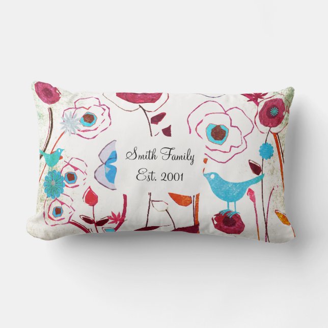 Colourful Spring Flowers Birds Mulberry Blue Orang Lumbar Cushion (Front)