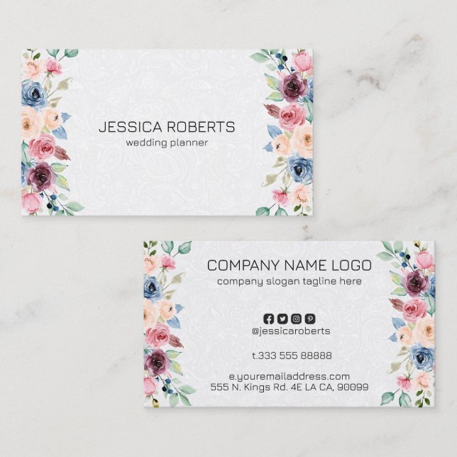 Colourful spring flowers border mini business card (Front/Back)