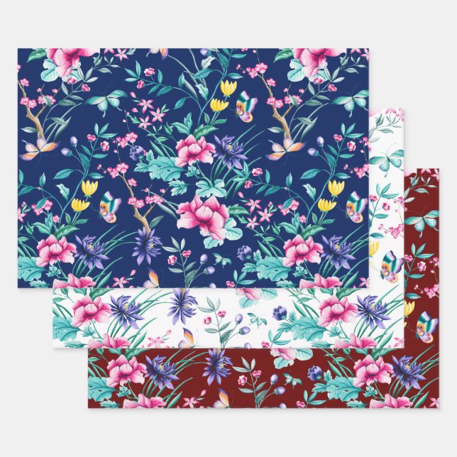 Colourful spring flowers custom background wrapping paper sheet (Set)