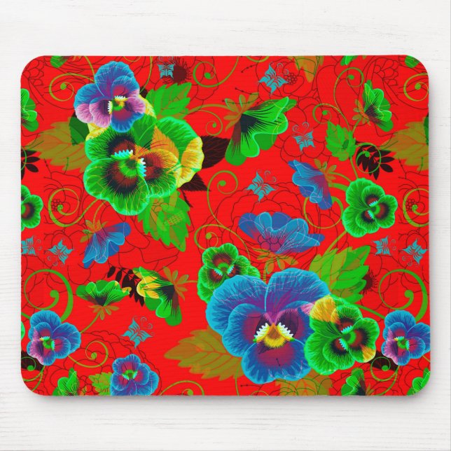 Colourful Spring Flowers Design Red Background Mouse Mat (Front)