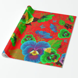 Colourful Spring Flowers Design Red Background Wrapping Paper