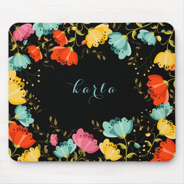 Colourful Spring Flowers Frame Black Background Mouse Mat (Front)