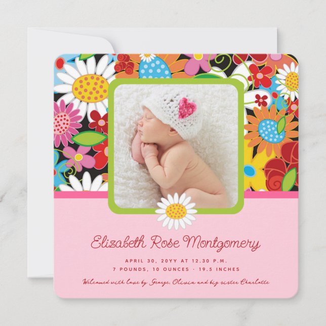 Colourful Spring Flowers Garden Baby Girl Birth Announcement (Front)