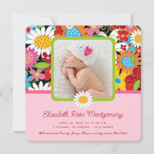 Colourful Spring Flowers Garden Baby Girl Birth Announcement