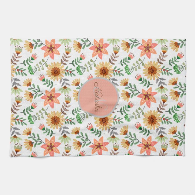 Colourful Spring Flowers Girly Name Monogram Tea Towel (Horizontal)