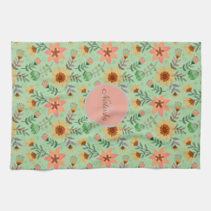 Colourful Spring Flowers Girly Name Monogram Tea Towel