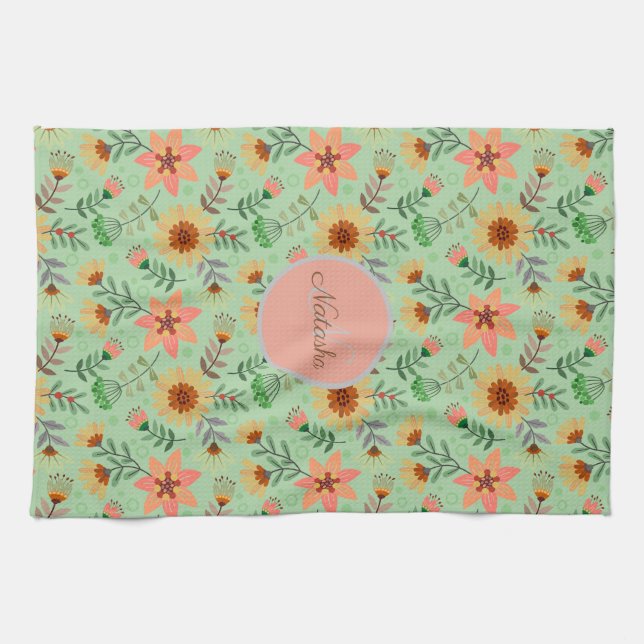Colourful Spring Flowers Girly Name Monogram Tea Towel (Horizontal)