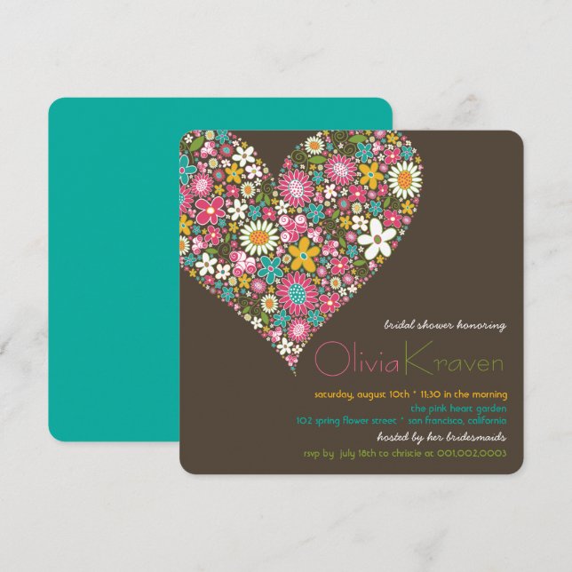 Colourful Spring Flowers Heart Bridal Shower Invit Invitation (Front/Back)