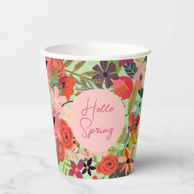 Colourful spring flowers Hello Spring personalised Paper Cups (Front)