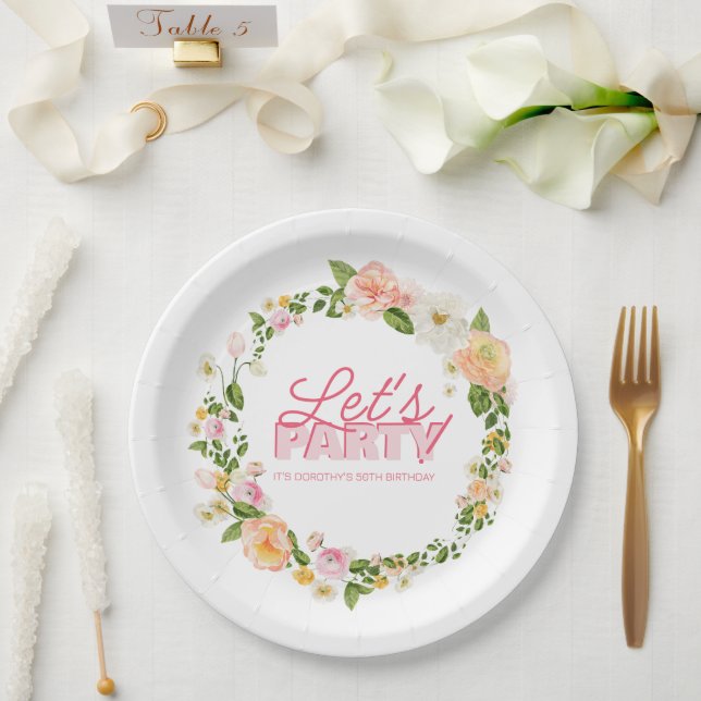 Colourful Spring Flowers Lettering 50th Birthday Paper Plate (Wedding)
