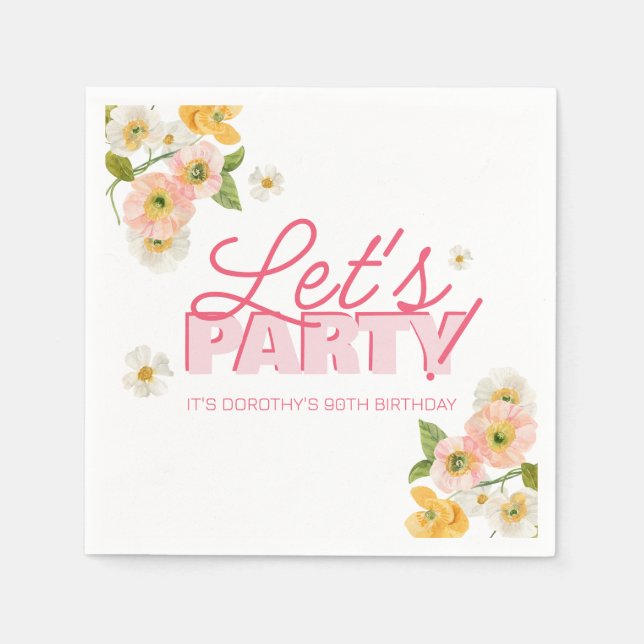 Colourful Spring Flowers Lettering 90th Birthday Napkin (Front)