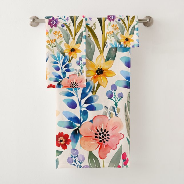 Colourful spring flowers pattern bath towel set (Insitu)