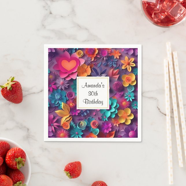 Colourful Spring Flowers Pattern Birthday Napkin (Insitu)