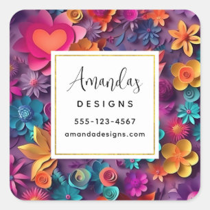 Colourful Spring Flowers Pattern Business Square Sticker