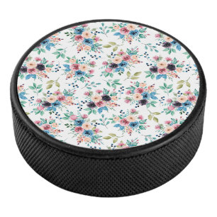 Colourful spring flowers pattern hockey puck