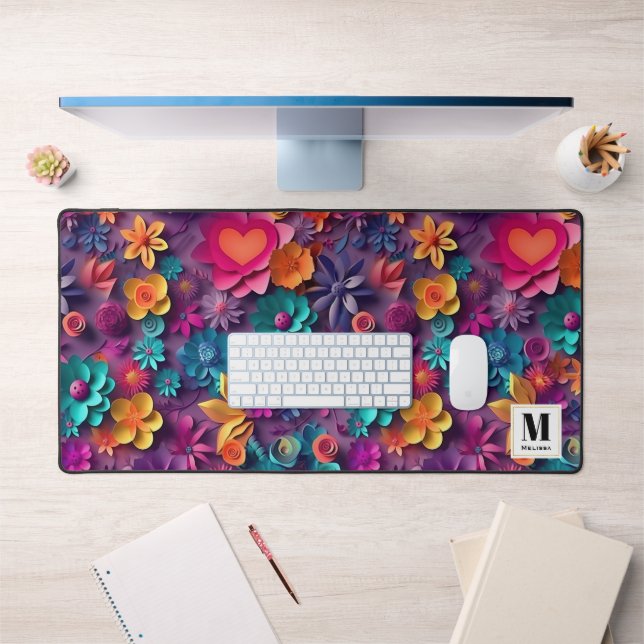 Colourful Spring Flowers Pattern Monogram Desk Mat (Office 1)