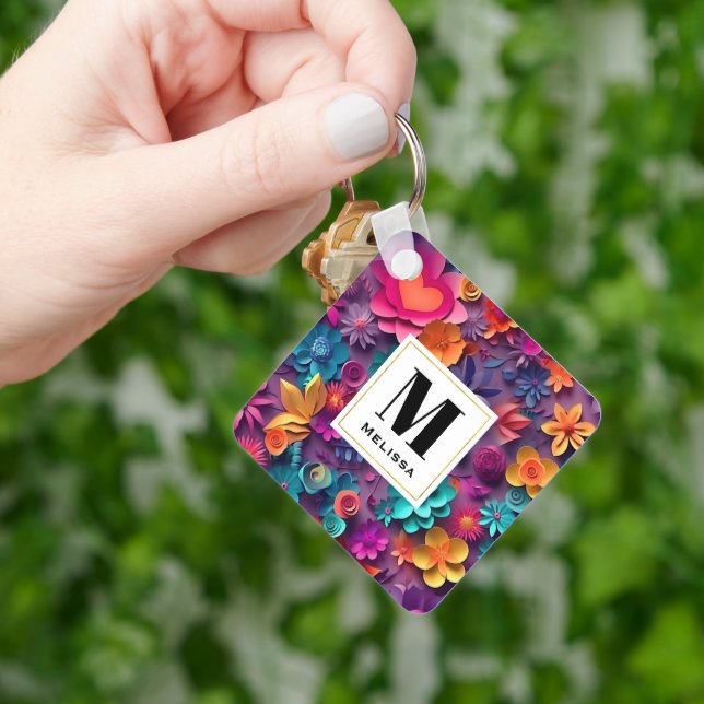 Colourful Spring Flowers Pattern Monogram Key Ring (Hand)