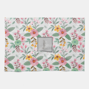 Colourful Spring Flowers Pattern Name Monogram Tea Towel