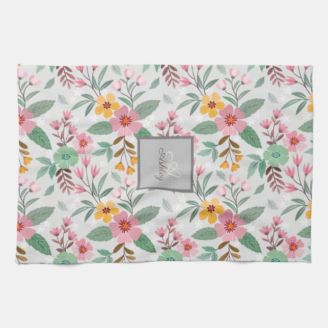  Colourful Spring Flowers Pattern Name Monogram   Tea Towel (Horizontal)