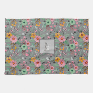  Colourful Spring Flowers Pattern Name Monogram  Tea Towel